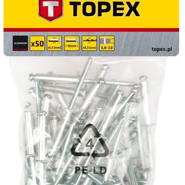 Topex 43E302 Заклепки алюмiнiєвi 3.2 мм x 10 мм, 50 шт.*1 уп.