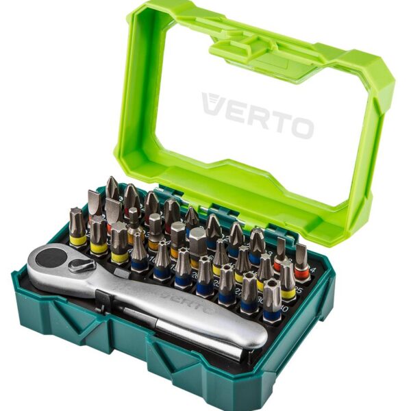 Verto Біти, набір 32шт, 1/4", бітотримач, ключ з тріскачкою, SL,PH,PZ,H,TT,TX, 25мм, CrV, кейс