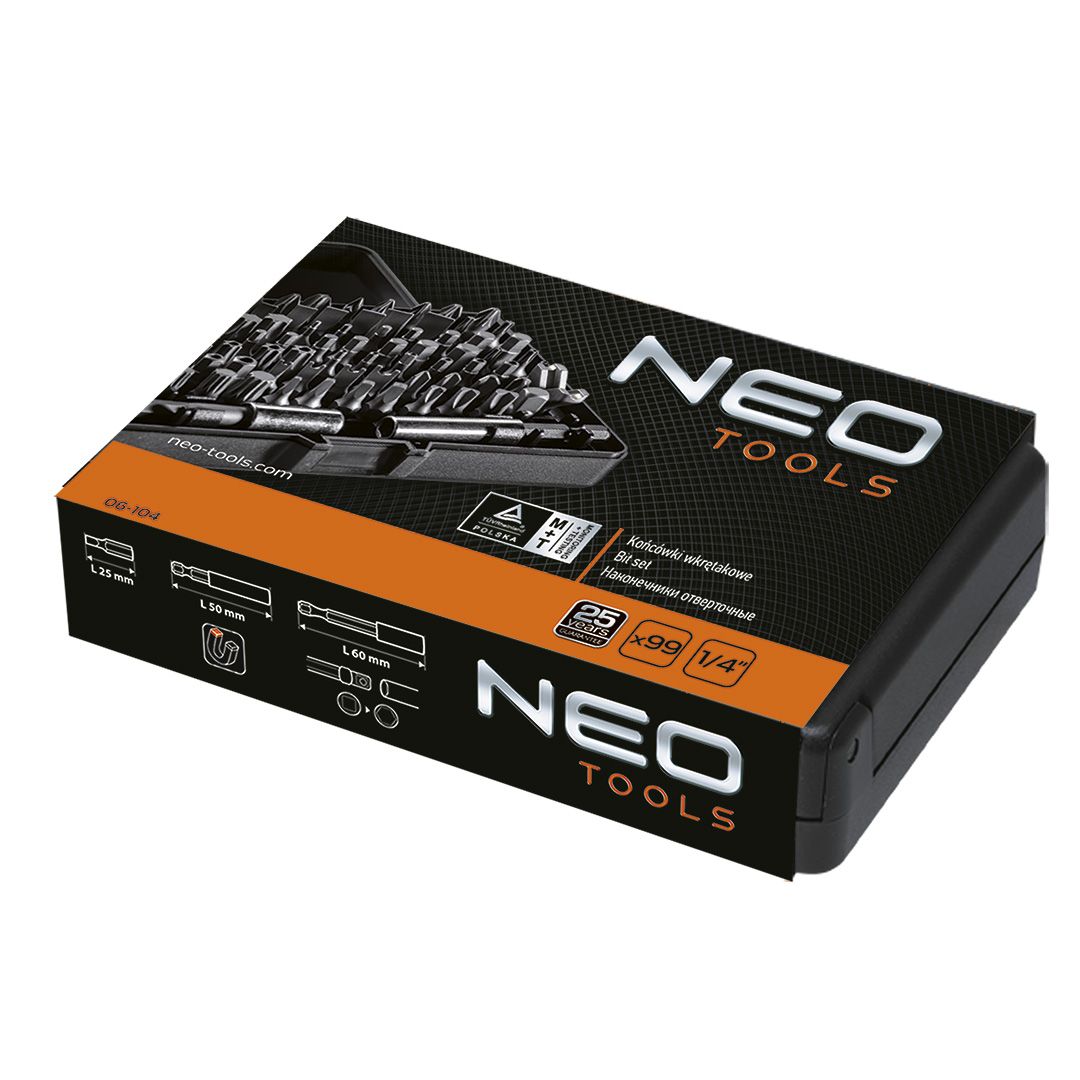 Neo Tools Біти, набір 99шт, 1/4", тримачі 2шт, перхідники 3шт, SL,PH,PZ,H,T,TT, 25мм, сталь S2, кейс Neo Tools Біти, набір 99шт, 1/4", тримачі 2шт, перхідники 3шт, SL,PH,PZ,H,T,TT, 25мм, сталь S2, кейс