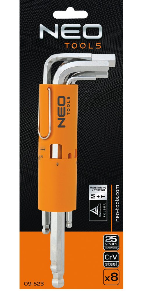 Neo Tools Ключі шестигранні, набір 8шт, довгі, кулястий наконечник, CrV, 2-10мм Neo Tools Ключі шестигранні, набір 8шт, довгі, кулястий наконечник, CrV, 2-10мм