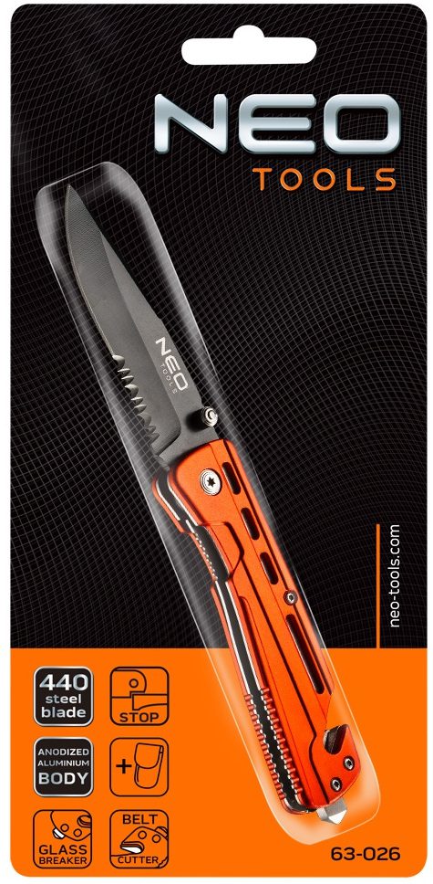 Neo Tools 63-026 Нiж складаний з фiксатором, з лезом 8,5см для розрiзання ременiв зi сталi 440, чохол, 110 г Neo Tools 63-026 Нiж складаний з фiксатором, з лезом 8,5см для розрiзання ременiв зi сталi 440, чохол, 110 г