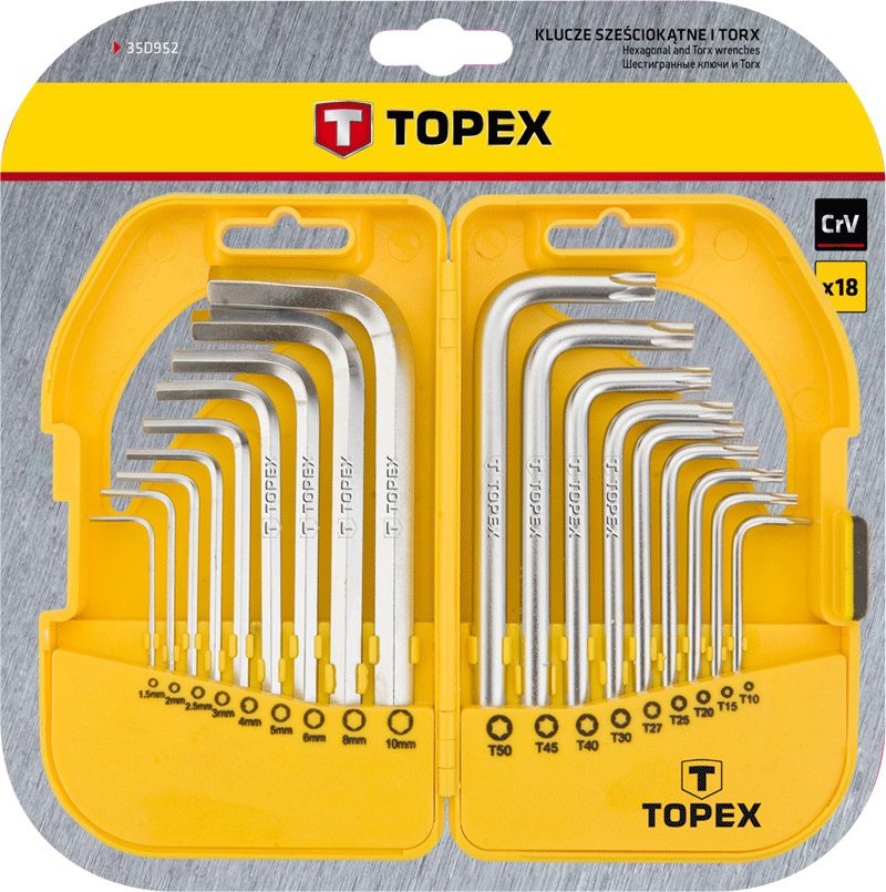 Topex 35D952 Ключi шестиграннi HEX i Torx, набiр 18 шт.*1 уп. Topex 35D952 Ключi шестиграннi HEX i Torx, набiр 18 шт.*1 уп.