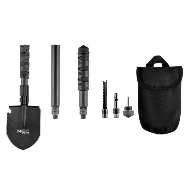 Neo Tools 63-122 Лопата туристична, 63см, 8в1, пила, кирка, відкривалка для пляшок, кремінь, багатофункціональний ніж, пробійник, свисток, чохол