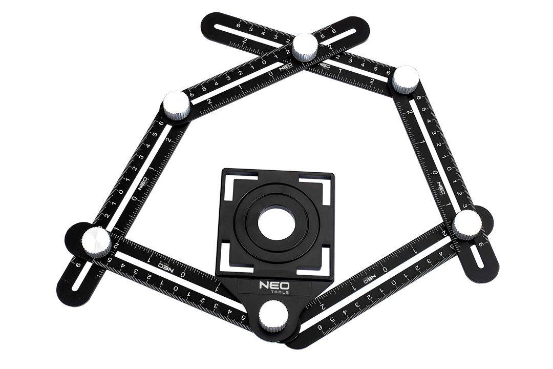 Neo Tools кутова, алюміній, 6 плечей шкалою 0-6 см, отвори у шаблоні 2.5/4/4.5 см Neo Tools кутова, алюміній, 6 плечей шкалою 0-6 см, отвори у шаблоні 2.5/4/4.5 см