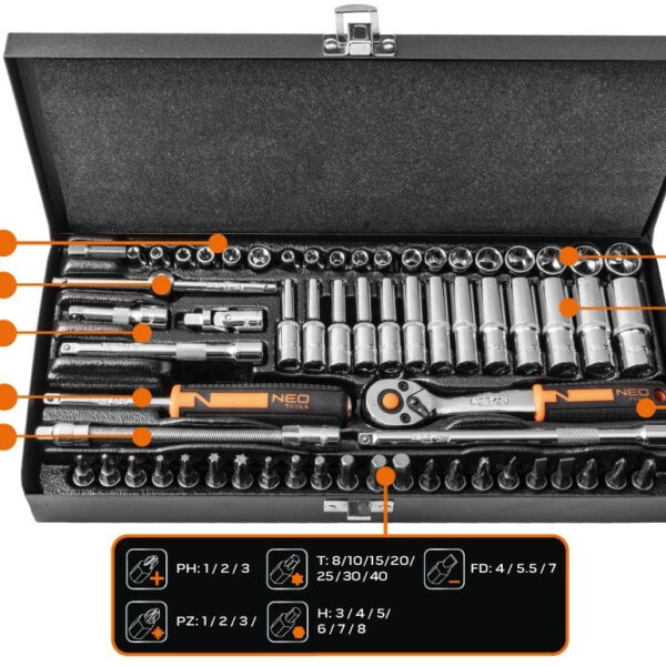 Neo Tools Набір інструментів, Набір торцевих головок, 63шт, 1/4", CrV, металевий кейс