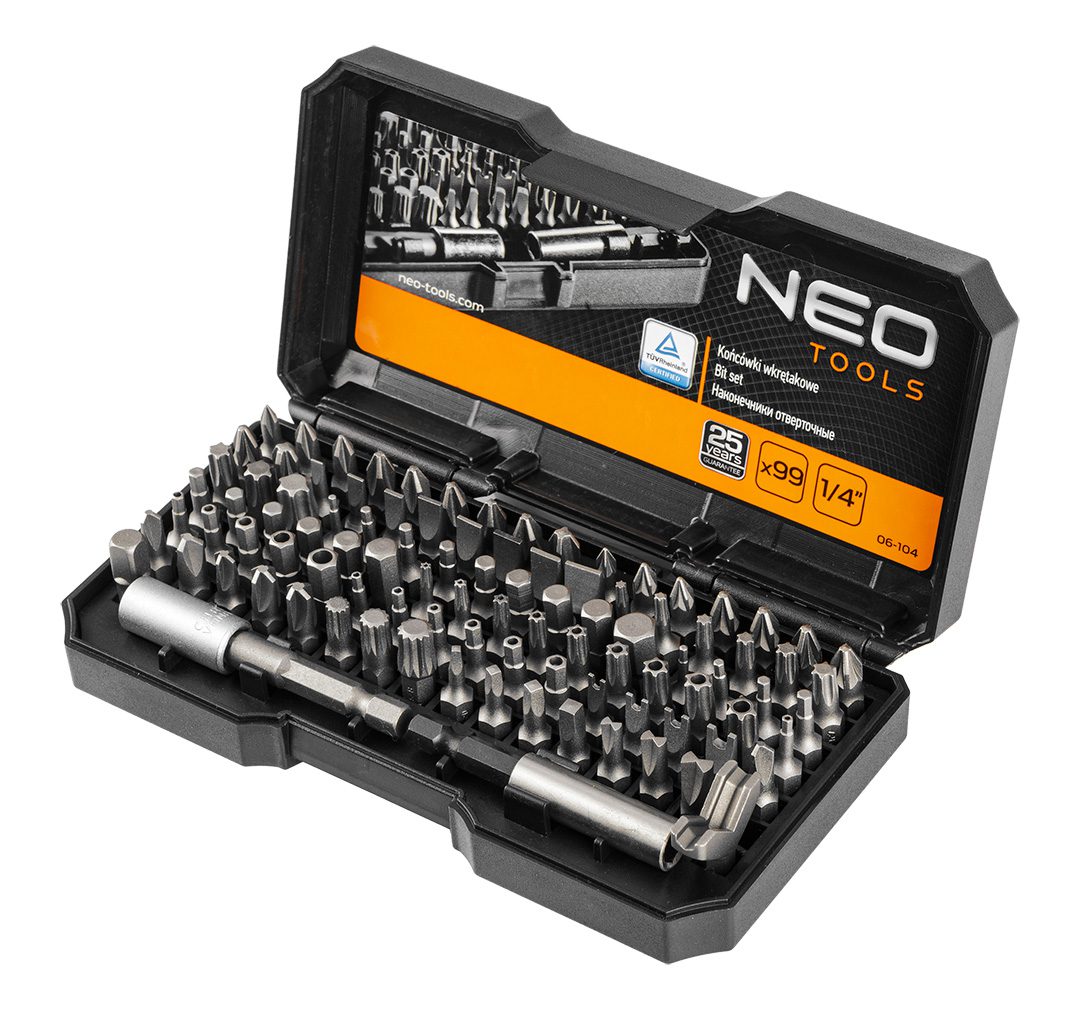 Neo Tools Біти, набір 99шт, 1/4", тримачі 2шт, перхідники 3шт, SL,PH,PZ,H,T,TT, 25мм, сталь S2, кейс Neo Tools Біти, набір 99шт, 1/4", тримачі 2шт, перхідники 3шт, SL,PH,PZ,H,T,TT, 25мм, сталь S2, кейс