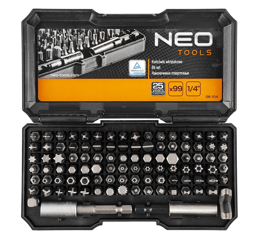 Neo Tools Біти, набір 99шт, 1/4", тримачі 2шт, перхідники 3шт, SL,PH,PZ,H,T,TT, 25мм, сталь S2, кейс Neo Tools Біти, набір 99шт, 1/4", тримачі 2шт, перхідники 3шт, SL,PH,PZ,H,T,TT, 25мм, сталь S2, кейс