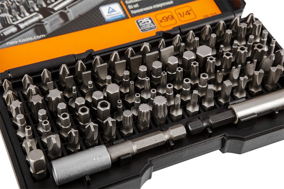 Neo Tools Біти, набір 99шт, 1/4", тримачі 2шт, перхідники 3шт, SL,PH,PZ,H,T,TT, 25мм, сталь S2, кейс Neo Tools Біти, набір 99шт, 1/4", тримачі 2шт, перхідники 3шт, SL,PH,PZ,H,T,TT, 25мм, сталь S2, кейс