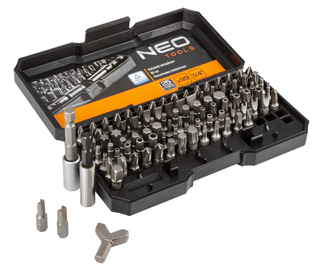 Neo Tools Біти, набір 99шт, 1/4", тримачі 2шт, перхідники 3шт, SL,PH,PZ,H,T,TT, 25мм, сталь S2, кейс Neo Tools Біти, набір 99шт, 1/4", тримачі 2шт, перхідники 3шт, SL,PH,PZ,H,T,TT, 25мм, сталь S2, кейс