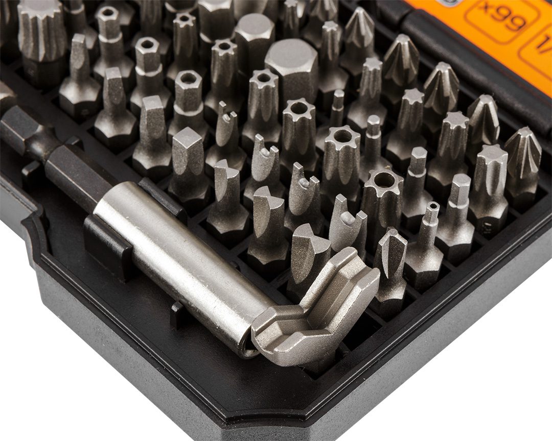 Neo Tools Біти, набір 99шт, 1/4", тримачі 2шт, перхідники 3шт, SL,PH,PZ,H,T,TT, 25мм, сталь S2, кейс Neo Tools Біти, набір 99шт, 1/4", тримачі 2шт, перхідники 3шт, SL,PH,PZ,H,T,TT, 25мм, сталь S2, кейс