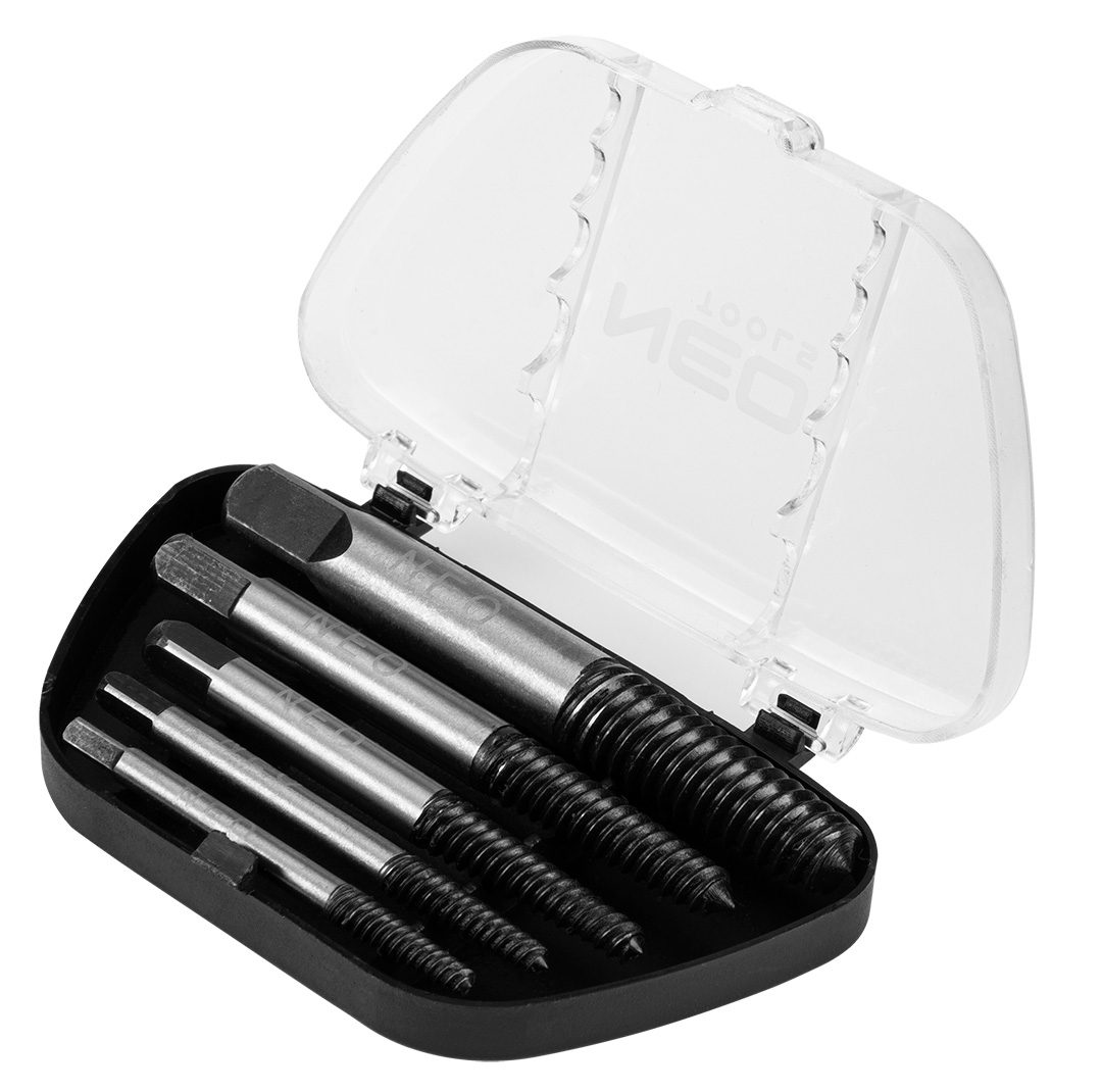 Neo Tools Екстрактори для зламаних гвинтів, набір 5шт, для гвинтів М3-18мм, CrMo, футляр Neo Tools Екстрактори для зламаних гвинтів, набір 5шт, для гвинтів М3-18мм, CrMo, футляр