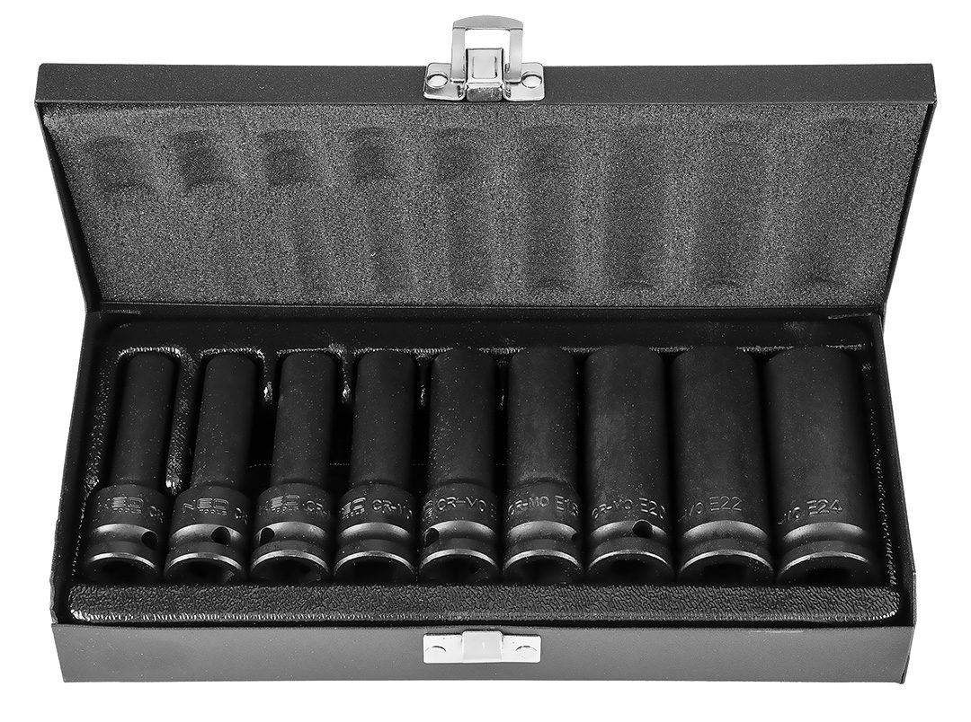 Головки змінні ударні 1/2 ", E10-E24 мм, набір 9 шт, CrMo Головки змінні ударні 1/2 ", E10-E24 мм, набір 9 шт, CrMo