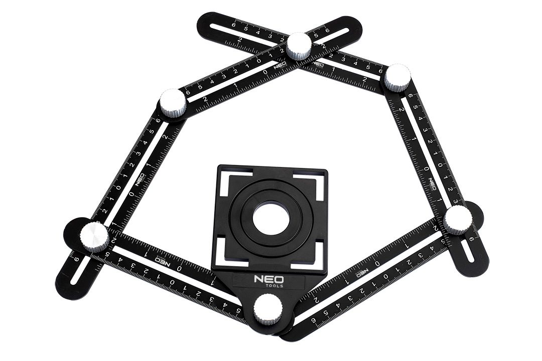 Neo Tools кутова, алюміній, 6 плечей шкалою 0-6 см, отвори у шаблоні 2.5/4/4.5 см Neo Tools кутова, алюміній, 6 плечей шкалою 0-6 см, отвори у шаблоні 2.5/4/4.5 см