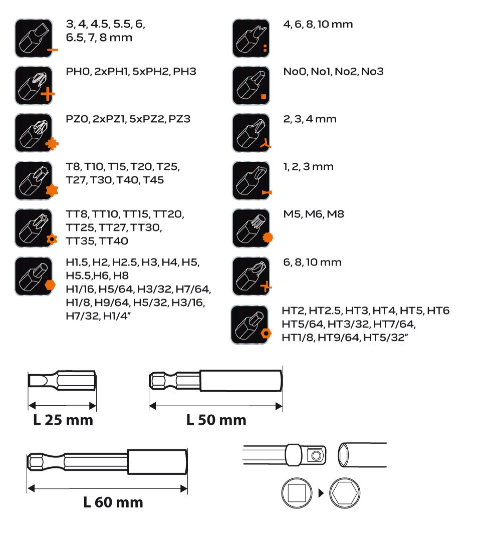 Neo Tools Біти, набір 99шт, 1/4", тримачі 2шт, перхідники 3шт, SL,PH,PZ,H,T,TT, 25мм, сталь S2, кейс Neo Tools Біти, набір 99шт, 1/4", тримачі 2шт, перхідники 3шт, SL,PH,PZ,H,T,TT, 25мм, сталь S2, кейс