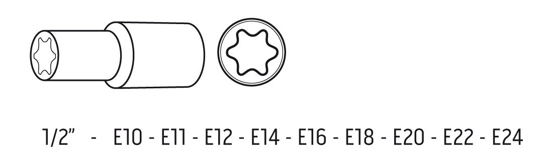 Головки змінні ударні 1/2 ", E10-E24 мм, набір 9 шт, CrMo Головки змінні ударні 1/2 ", E10-E24 мм, набір 9 шт, CrMo