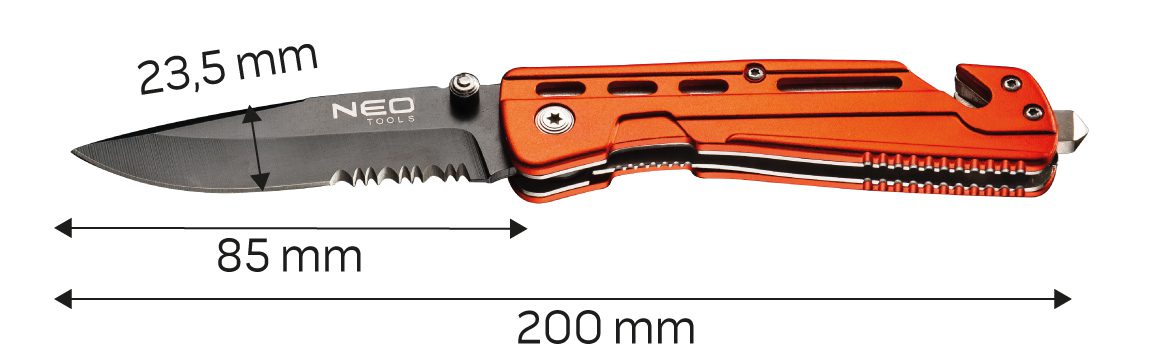 Neo Tools 63-026 Нiж складаний з фiксатором, з лезом 8,5см для розрiзання ременiв зi сталi 440, чохол, 110 г Neo Tools 63-026 Нiж складаний з фiксатором, з лезом 8,5см для розрiзання ременiв зi сталi 440, чохол, 110 г