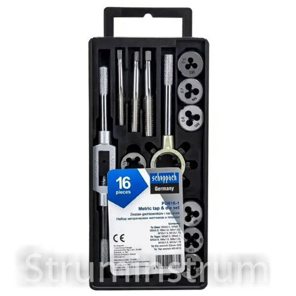 Набір метричних мітчиків та плашок 16 пр.(М3-М12) модель Scheppach-PD016-1 (64899)