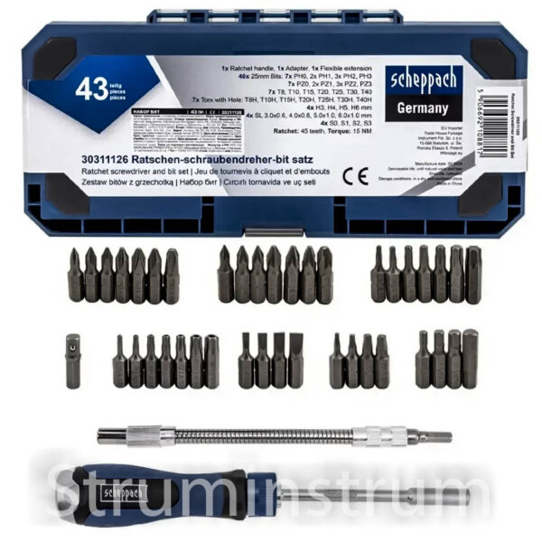 Викрутка-тріскачка з набором біт 43 пр. модель Scheppach-30311126 (65802)