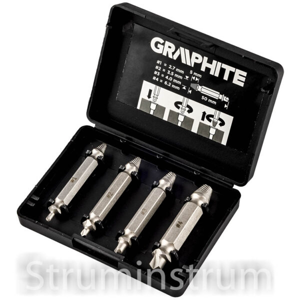 Екстрактори для зламаних гвинтів та пошкоджених головок GRAPHITE, набір 4 шт. (54T429)
