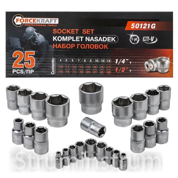 Набір головок в металевому кейсі 25 пр. 1/2'', 1/4'' FORCEKRAFT серія FK-50121G (FK_57683)