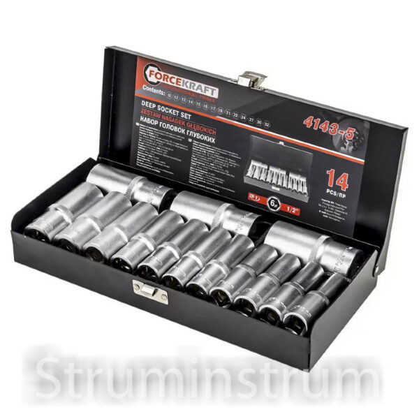 Набір головок глибоких в металевому кейсі 14 од. 1/2" FORCEKRAFT серія FK-4143-5 (FK_58115)