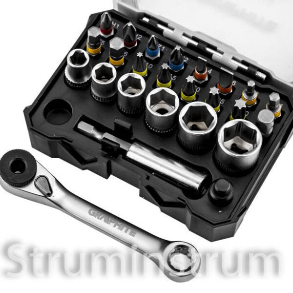 Набір біт та головок GRAPHITE 25 мм з тріскачкою і магнітним тримачем, 24 предмети (56T559)